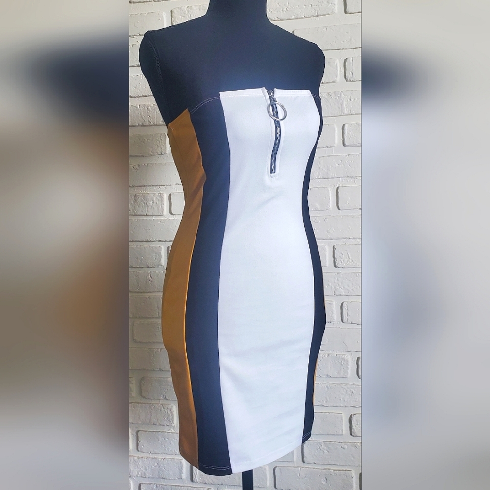 Identity Strapless Mod Mini Bodycon Summer Dress Zipper Yellow, White  Medium